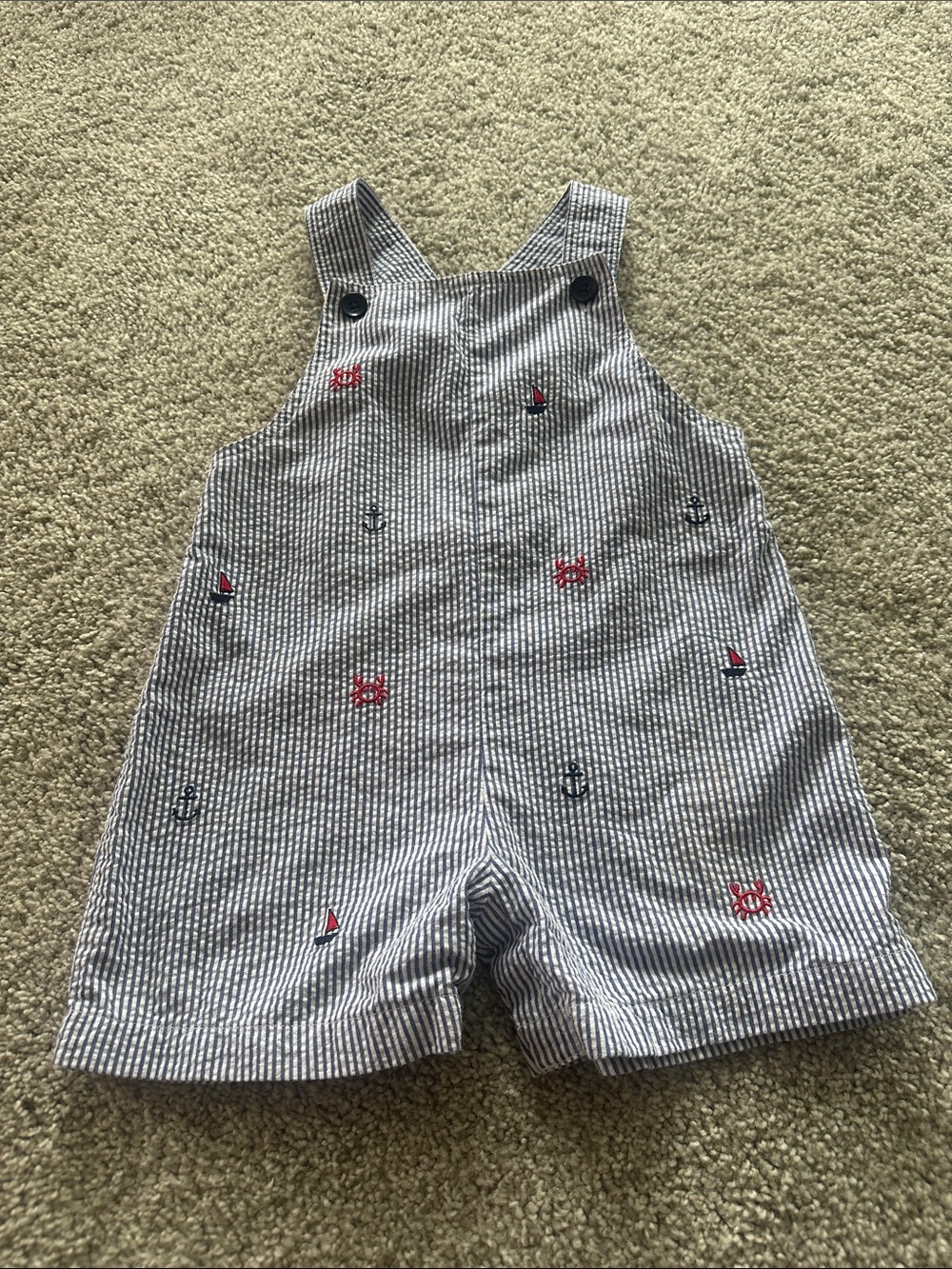 Starting Out baby boy seersucker short overalls embroidered nautical theme 24mon